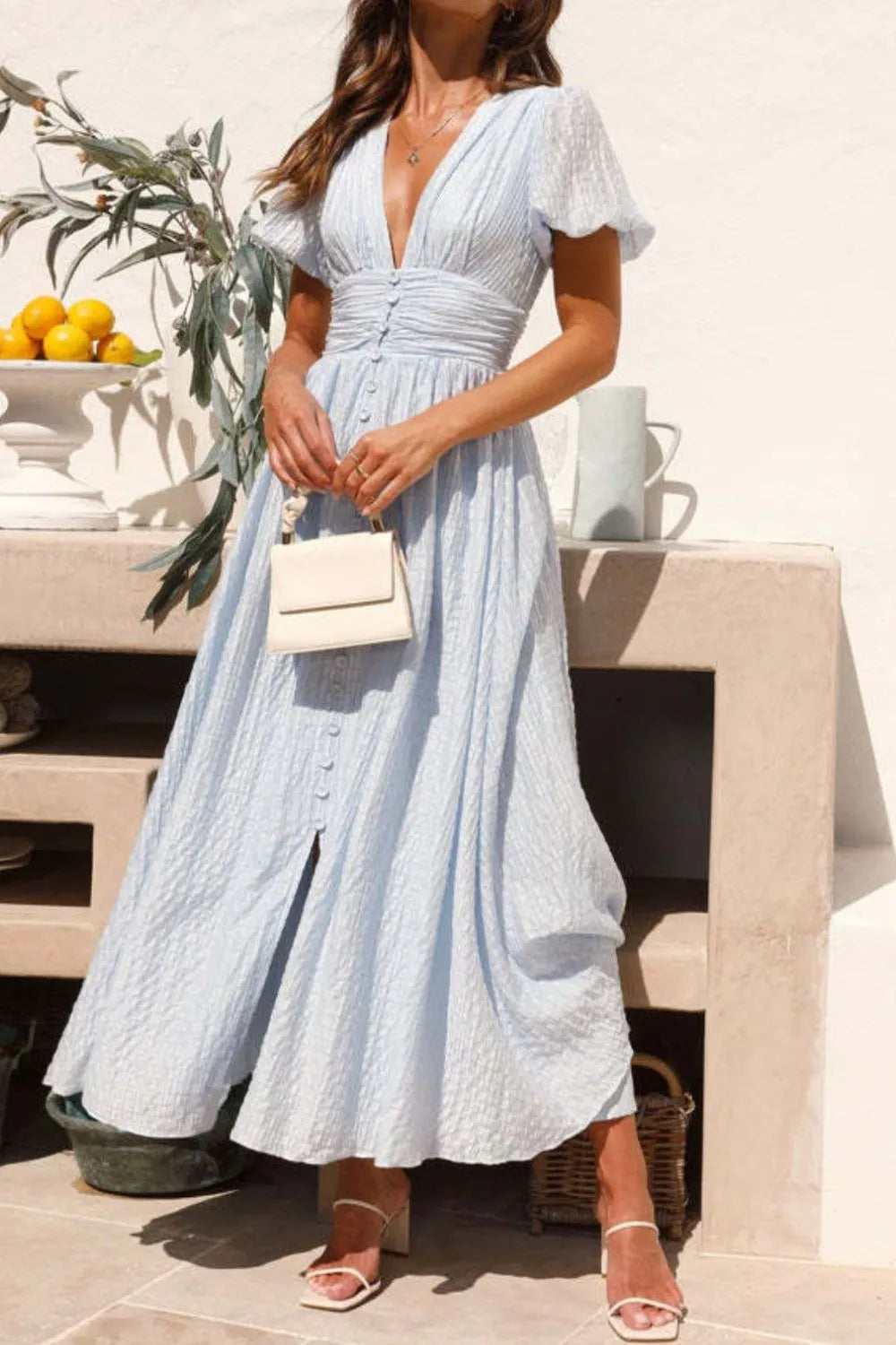 V-Neck Puff Short Sleeve Midi Dress V-Neck Puff Short Sleeve Midi Dress