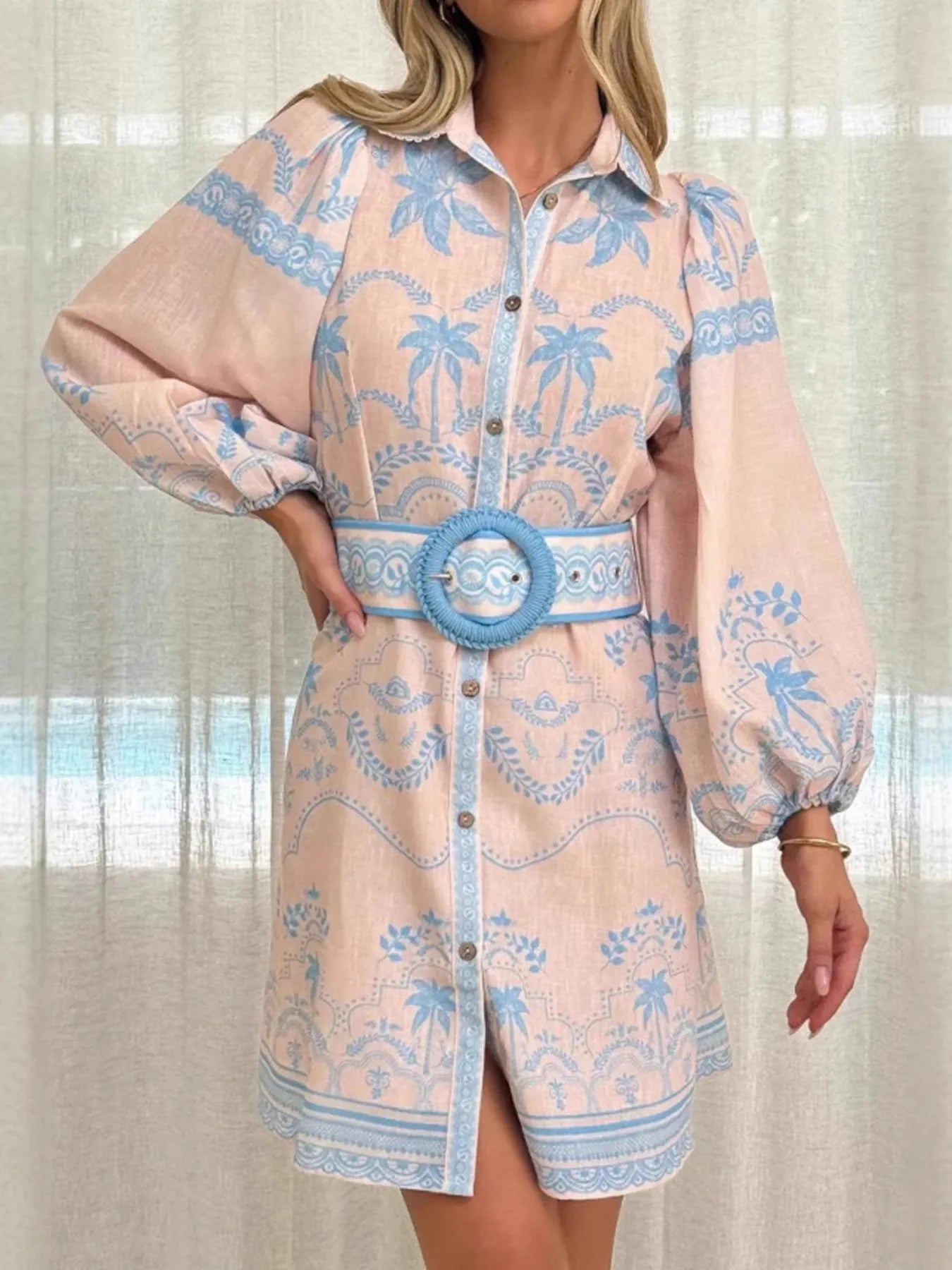 Printed Button Down Shirt Dress with Belt Printed Button Down Shirt Dress with Belt