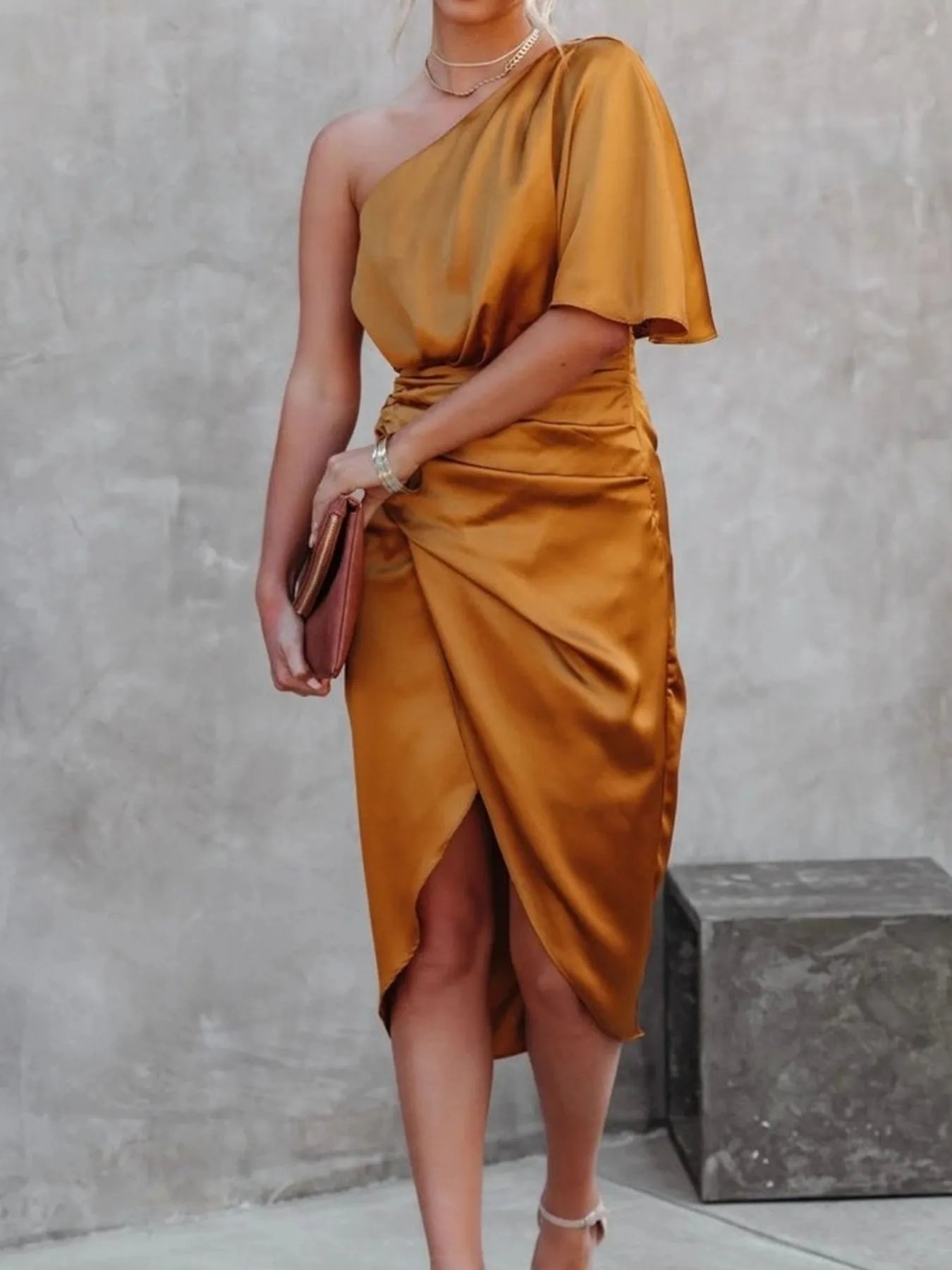 One-Shoulder Satin Wrap Dress with Side Slit One-Shoulder Satin Wrap Dress with Side Slit